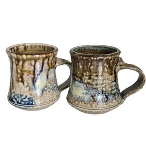 Vintage Krueger Coffee Mugs Studio Pottery Signed Brown Blue Drip Glaze Rustic